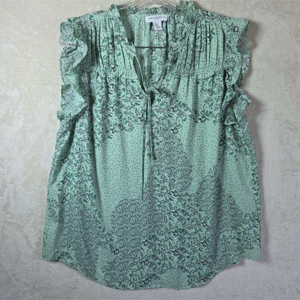 Carolina Belle of Montreal M Green Floral Ruffle Hem Sleeveless Tie Neck Blouse
